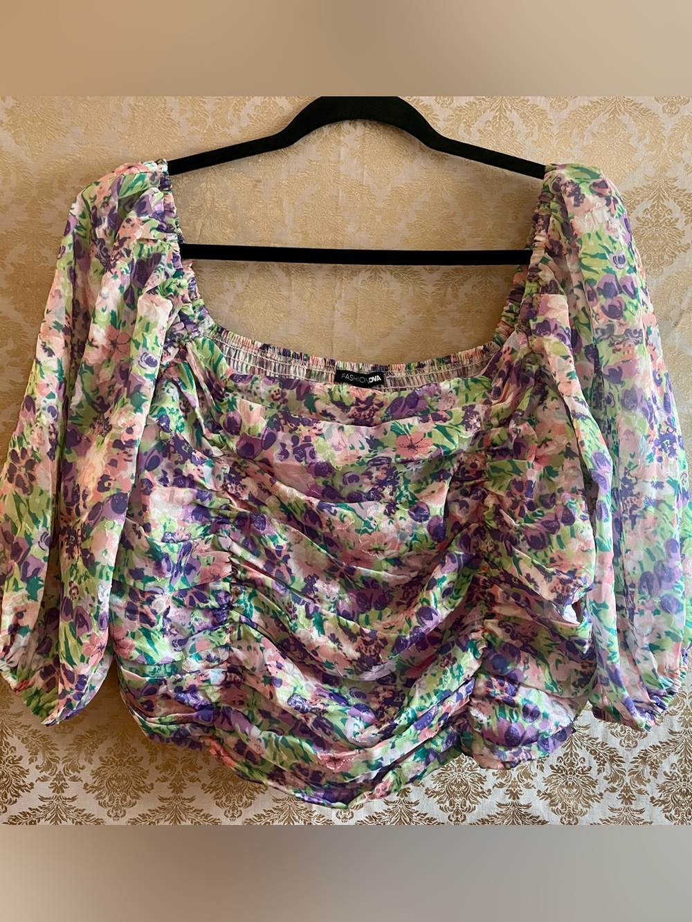 Fashion Nova 2X Lavender, Pink and Green Floral Ruched Smock Crop Top